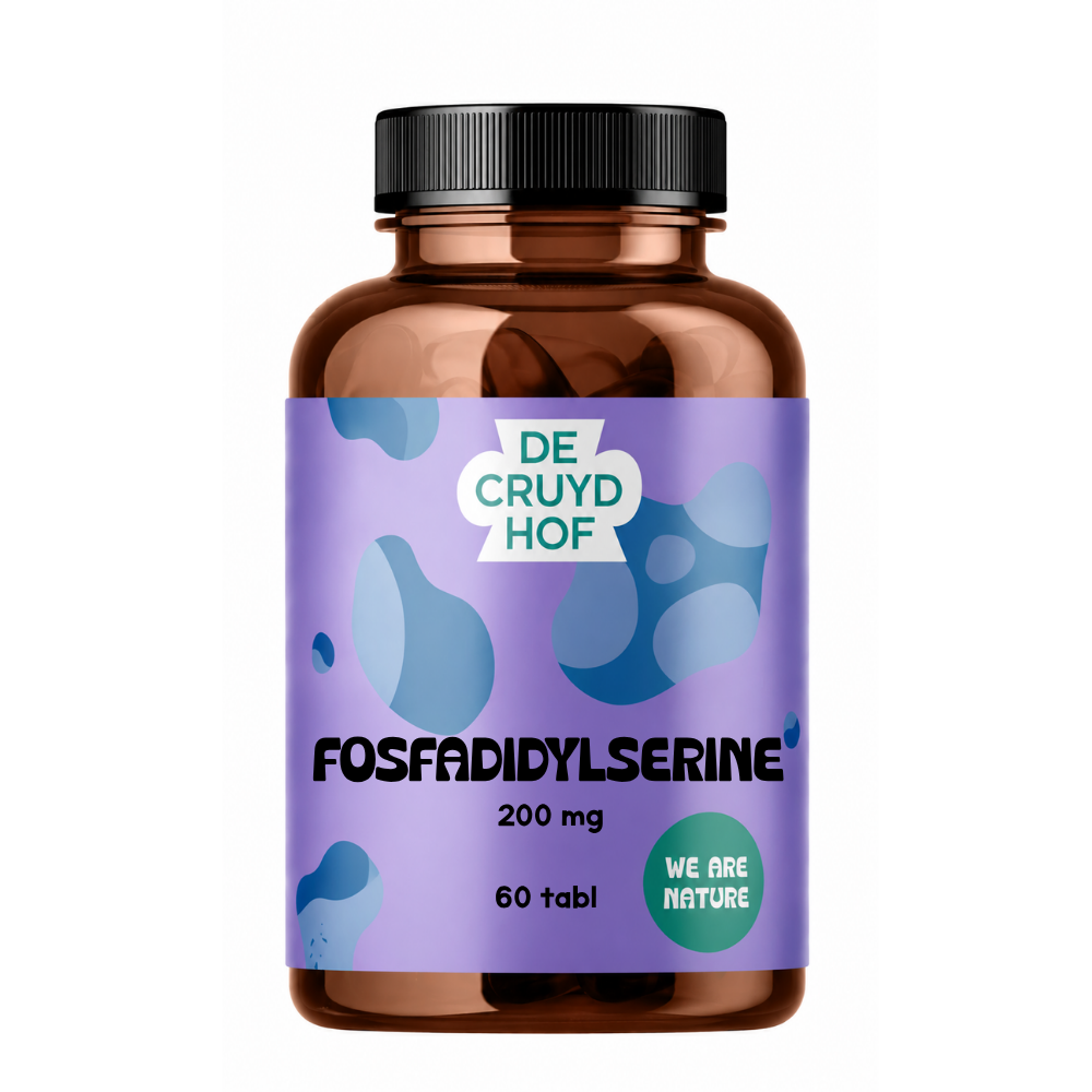 De Cruydhof Fosfatidylserine supplement tablets, 60 count, showing the product packaging and tablets.