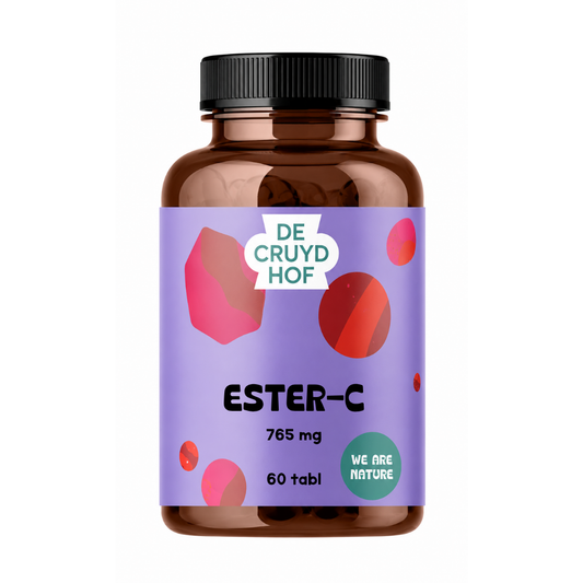 De Cruydhof Ester-C dietary supplement tablets in a bottle, vitamin C supplement from De Cruydhof in blister packaging.