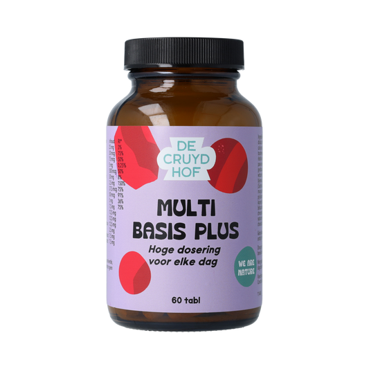 De Cruydhof Multi Basis vitamin supplement bottles with 60 tablets, natural multivitamin product from De Cruydhof.