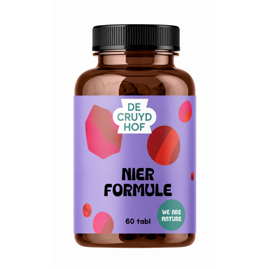 De Cruydhof Nier formule voedingssupplementen in tabletvorm, containing herbal ingredients for kidney health.