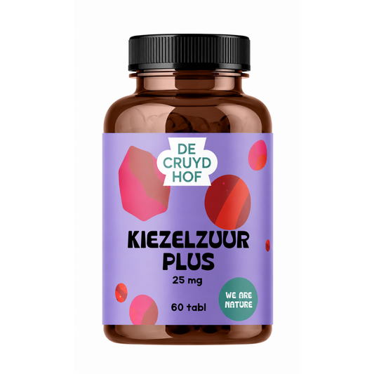 De Cruydhof Kiezelzuur plus supplement in a white bottle with 60 tablets, natural health product for overall wellness.