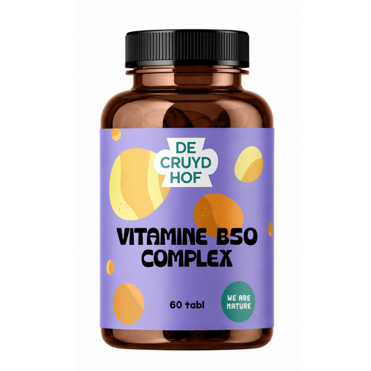 De Cruydhof Vitamine B50 complex supplement in a bottle with 60 tablets, natural supplement for energy support.