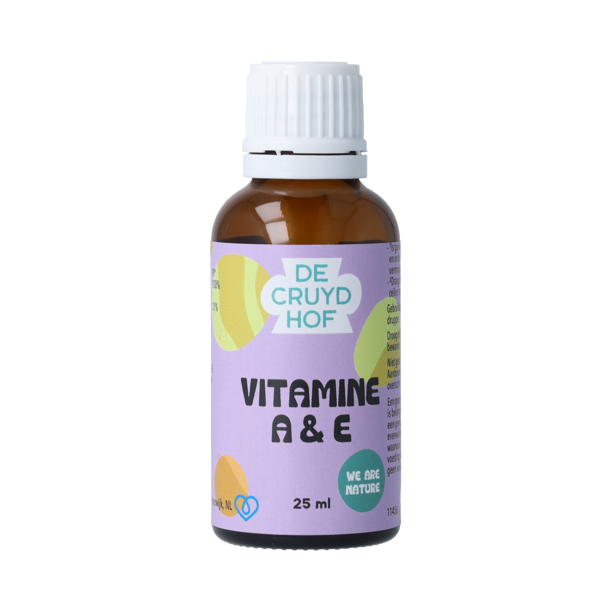 De Cruydhof Vitamin A & E multi-vitamin supplement in 25ml bottle, natural skincare product with vitamin-rich formula.