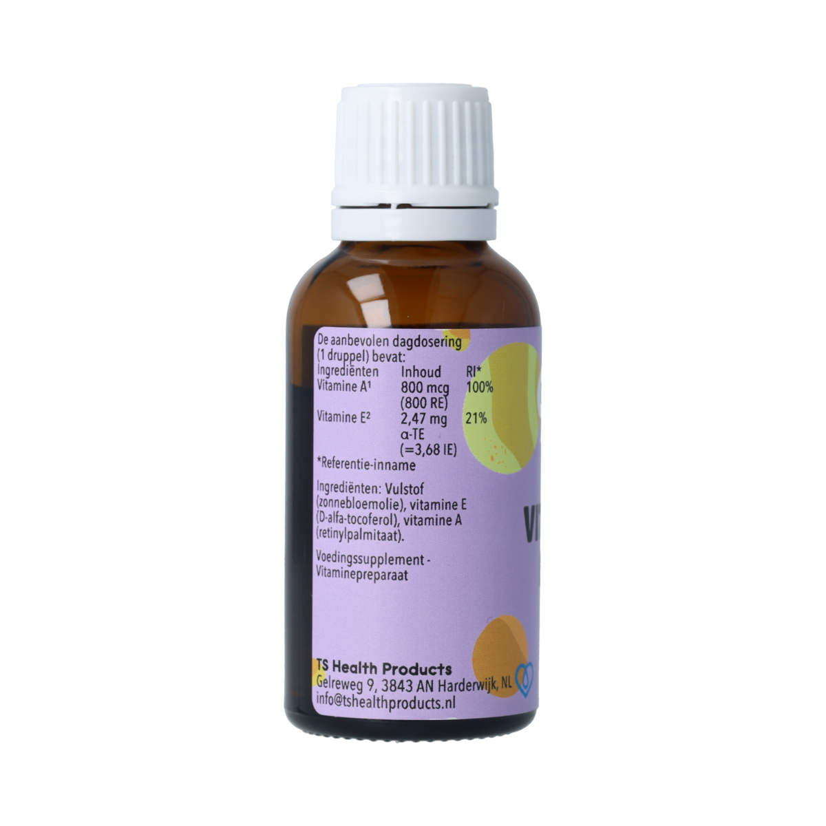 De Cruydhof Vitamin A & E multi-vitamin bottle, 25ml, with label showing product details and branding.
