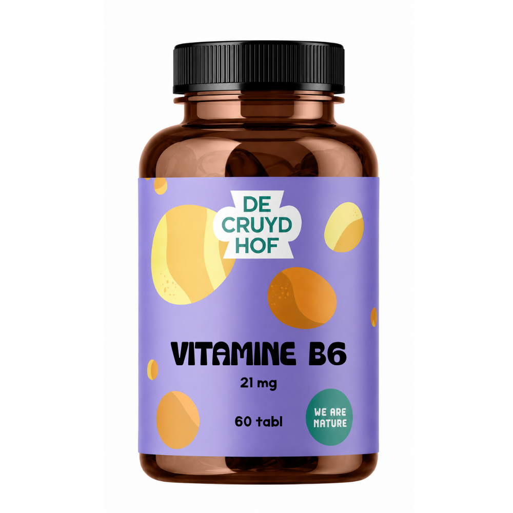 De Cruydhof Vitamine B6 tablets in a bottle, showing 60 tablets, natural supplement for vitamin B6 intake.