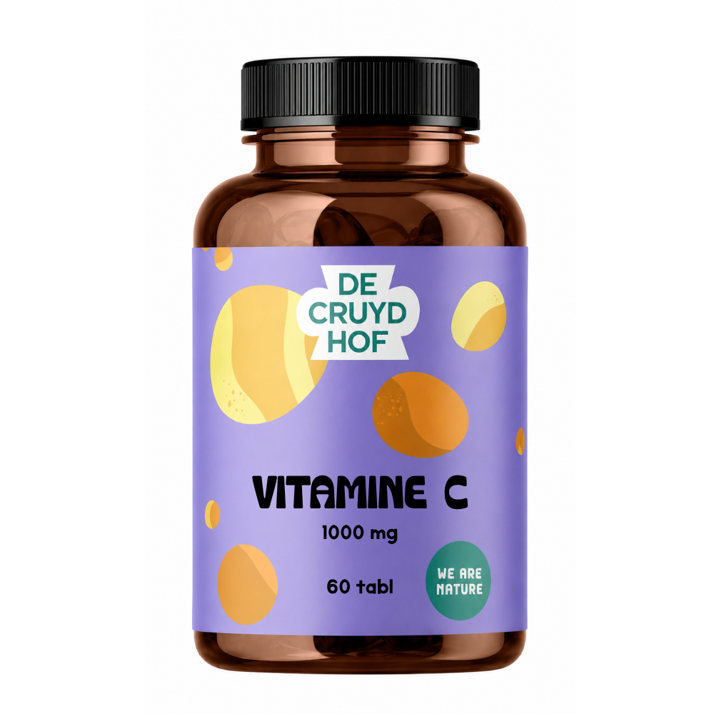 De Cruydhof Vitamine C voedingssupplement met 60 tabletten voor een boost in vitamine C en immuniteit, zichtbaar in de verpakking.