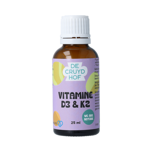 De Cruydhof Vitamine D3 & K2 voedingssupplement in 25 ml bottle, natural herbal supplement with dropper for daily health support