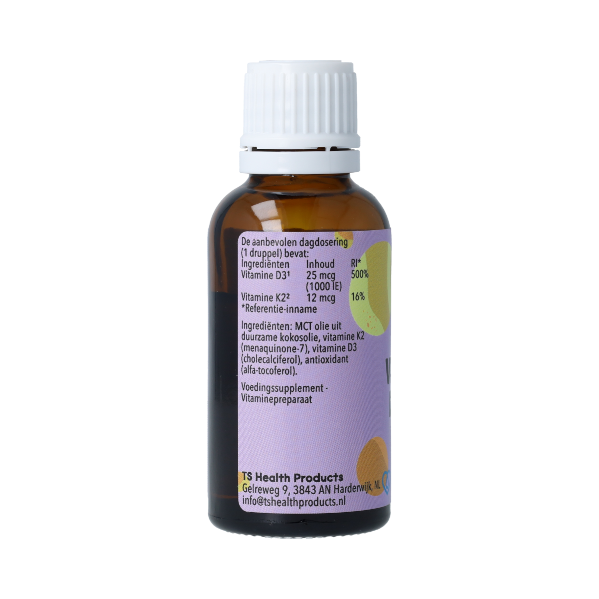 De Cruydhof Vitamine D3 & K2 voedingssupplement in 25 ml bottle, natural herbal health product with dropper cap.