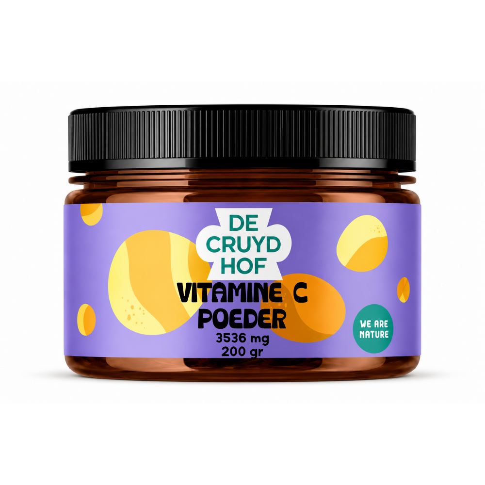 De Cruydhof Vitamine C poeder in een 200g verpakking, voedingssupplement en kruidenpreparaat, met een witte container en label