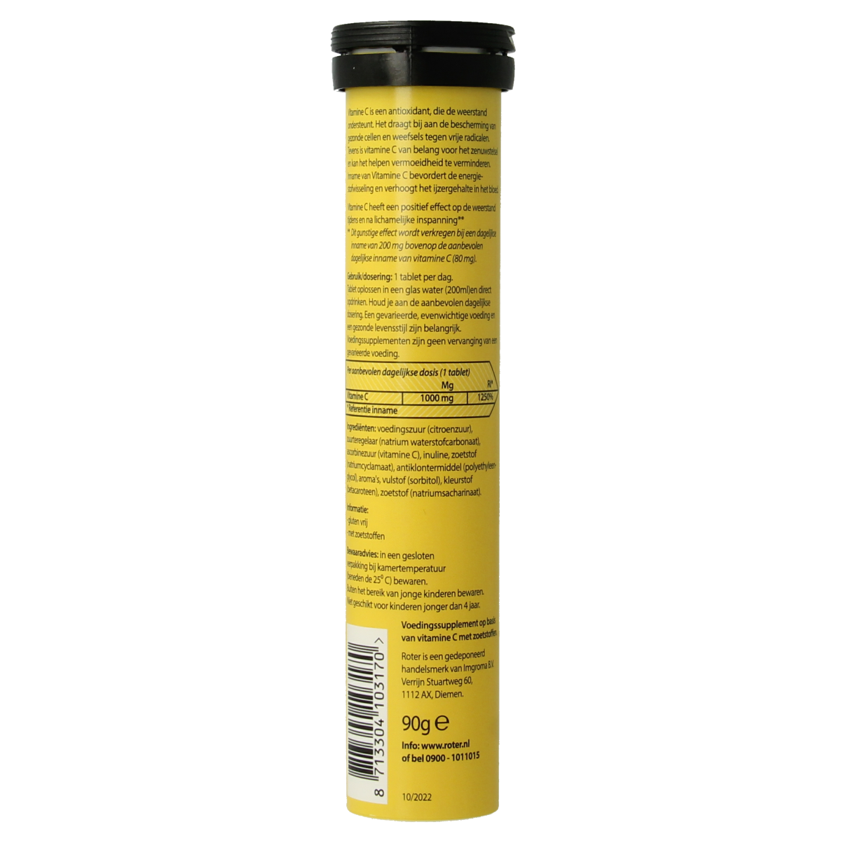 Roter brand vitamin C effervescent tablets with 20 count in a clear container, showing the orange-flavored tablets.