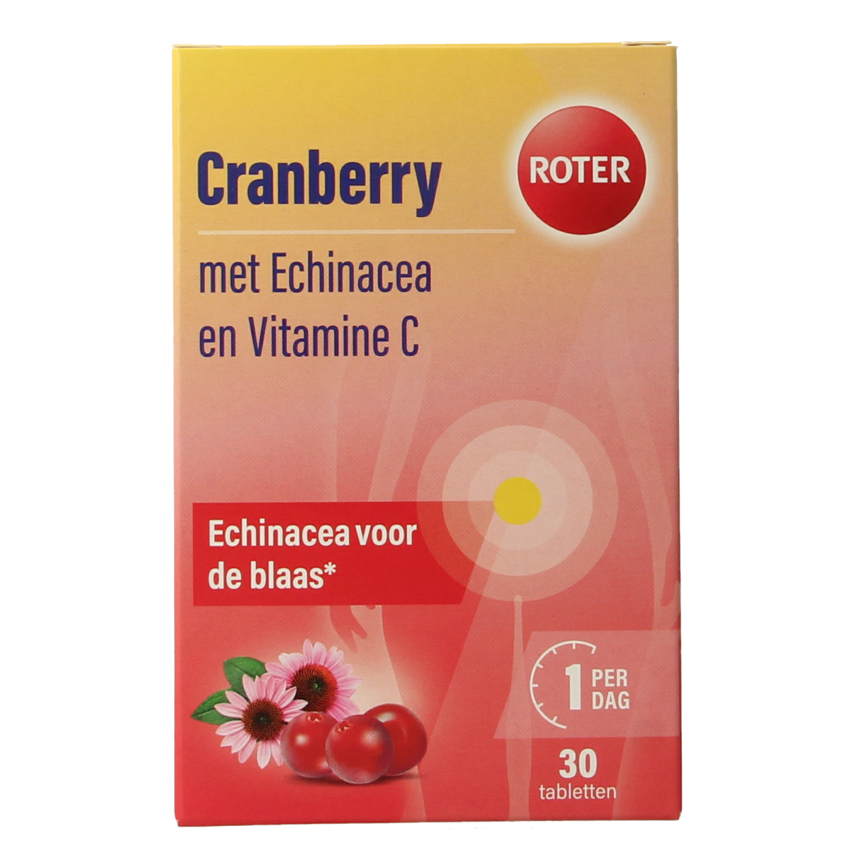 Roter Cranberry Vitamin C & Echinacea herbal supplement bottle with 30 tablets, featuring red and white label design.