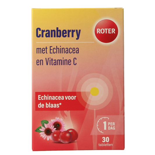 Roter Cranberry Vitamin C & Echinacea herbal supplement bottle with 30 tablets, featuring red and white label design.