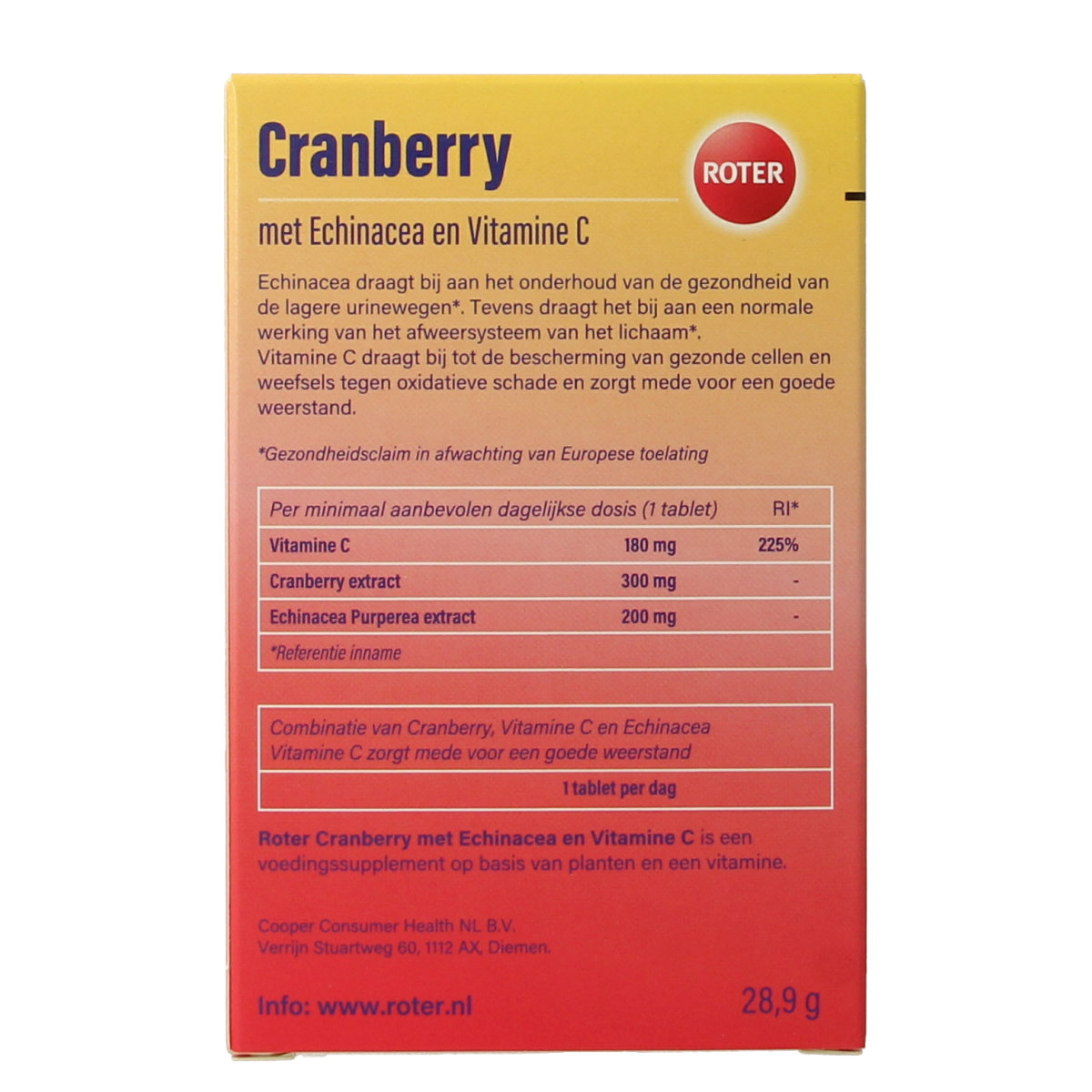 Roter Cranberry vitamine C & echinacea herbal supplement tablets, 30 count, showing the product packaging and tablets.