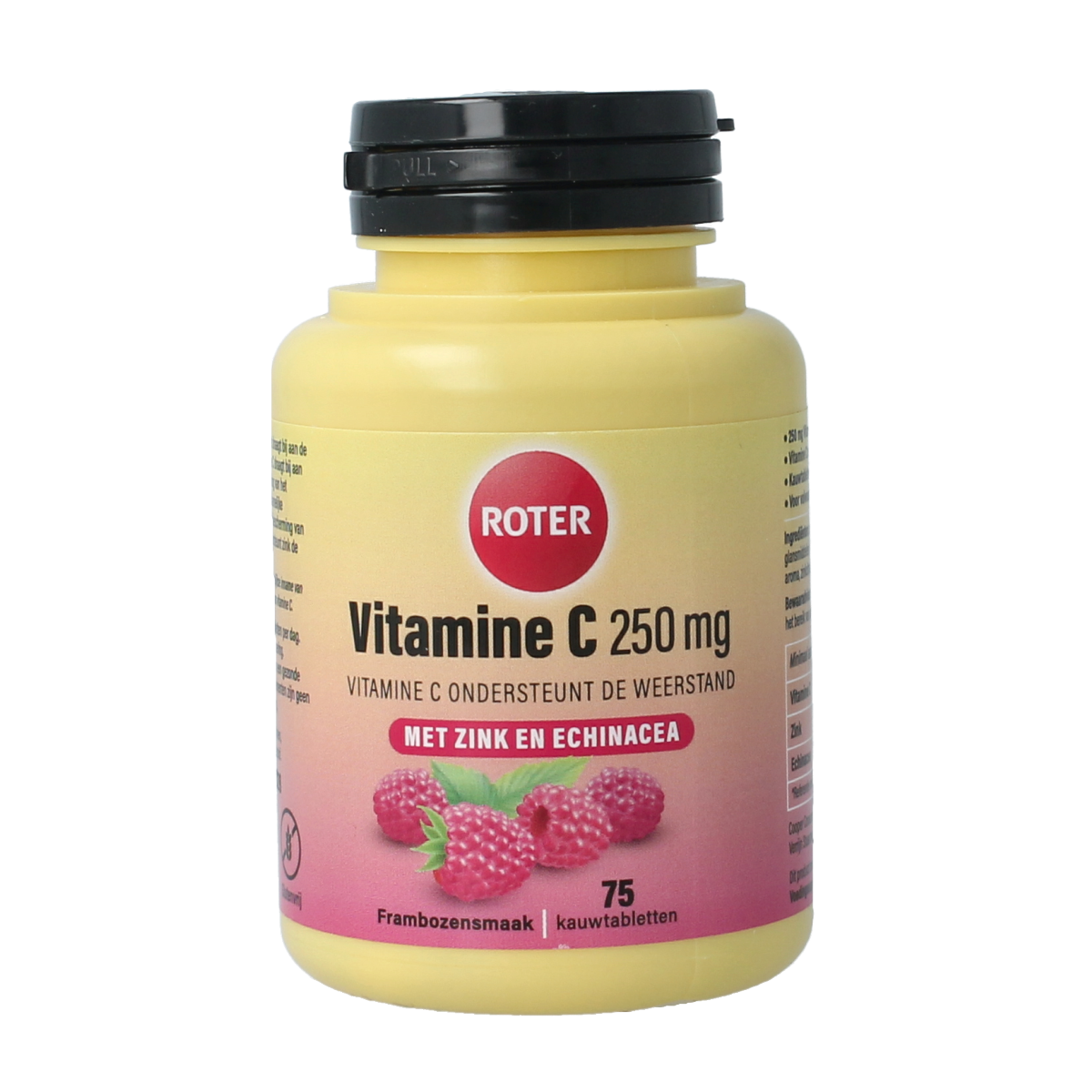 Roter Vitamine C Weerstand Forte 250mg, 75 tablets, natural vitamin supplement with orange flavor and easy-to-swallow tablets.