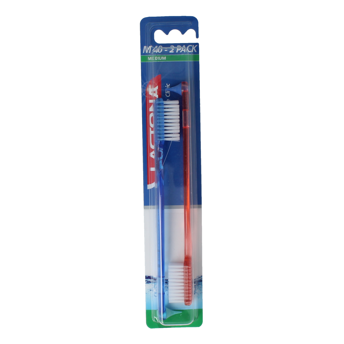 Lactona Tandenborstel M40 medium duo set with two toothbrushes featuring blue and green handles, designed for effective cleaning.
