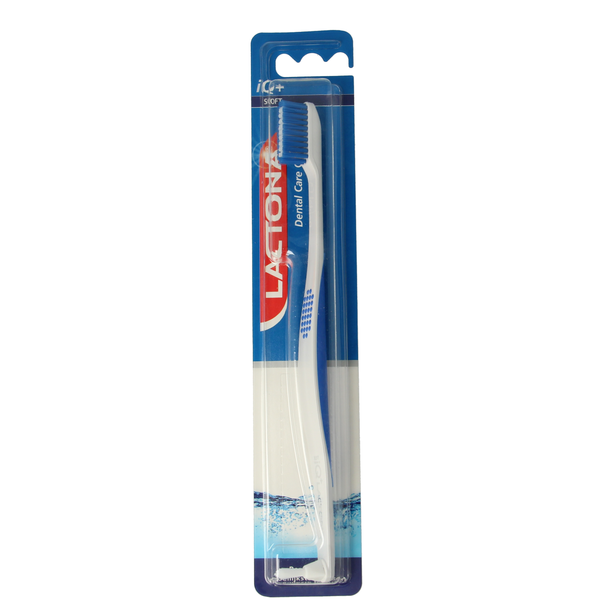 Lactona IQ+ soft toothbrush with white handle and blue bristles, designed for gentle cleaning and oral hygiene.