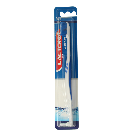 Lactona IQ+ soft toothbrush with white handle and blue bristles, designed for gentle cleaning and oral hygiene.
