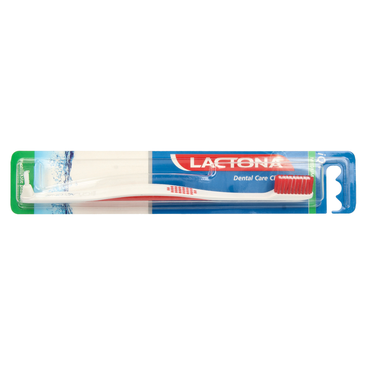 Lactona IQ+ medium toothbrush showing soft bristles and ergonomic handle against a white background.