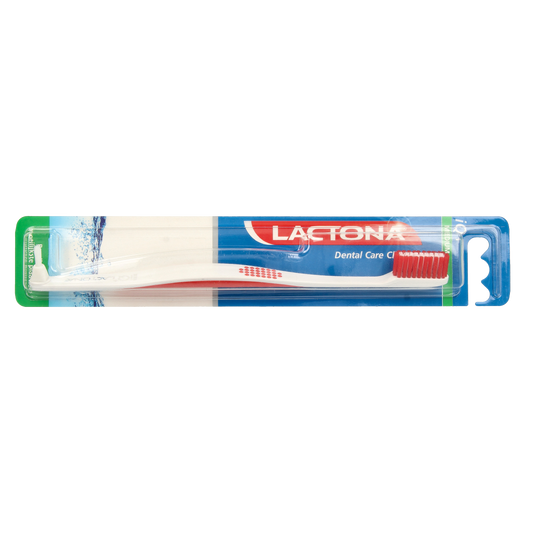 Lactona IQ+ medium toothbrush showing soft bristles and ergonomic handle against a white background.