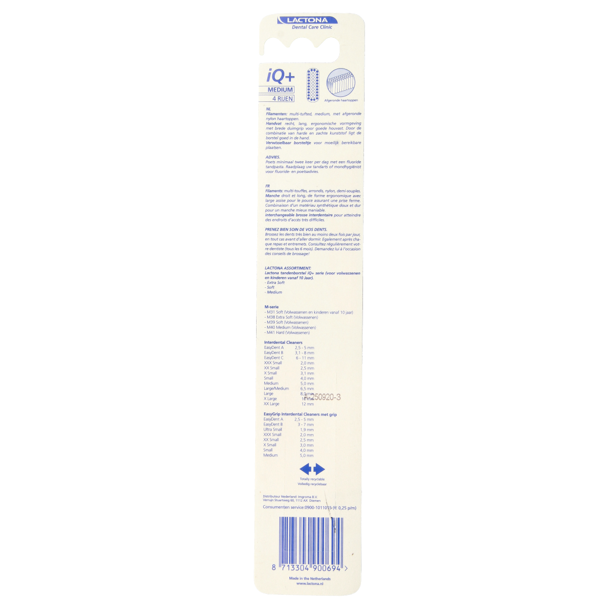 Lactona IQ+ medium toothbrush with white handle and blue bristles, designed for effective oral cleaning.