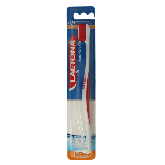 Lactona Tandenborstel IQ+ x soft toothbrush with white handle and blue bristles, designed for gentle cleaning.