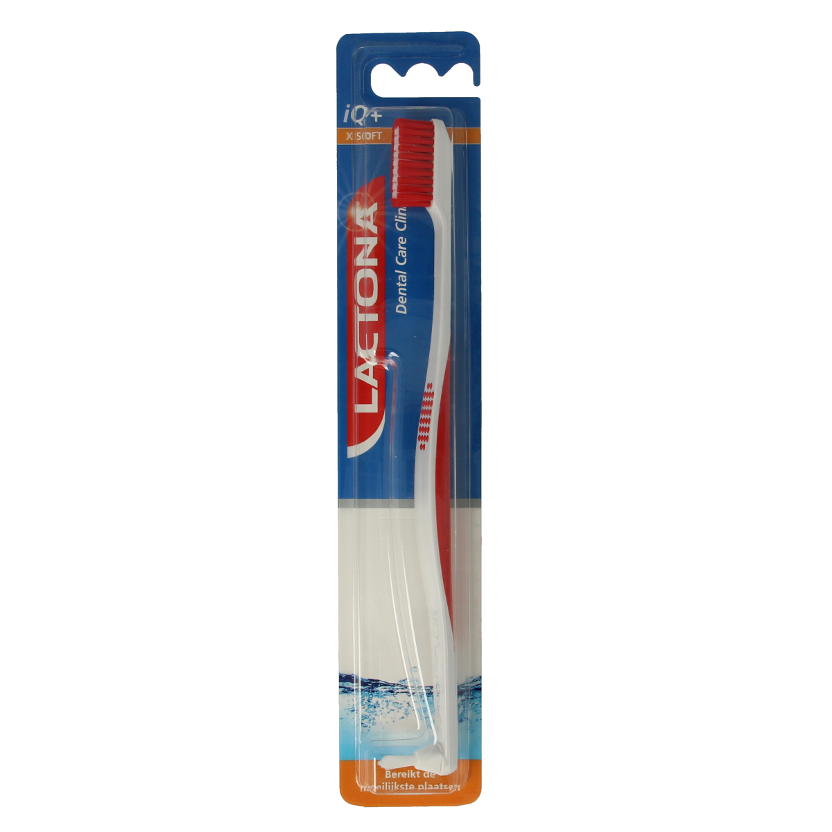 Lactona IQ+ X-Soft toothbrush with white handle and soft bristles, designed for gentle cleaning, shown in close-up.