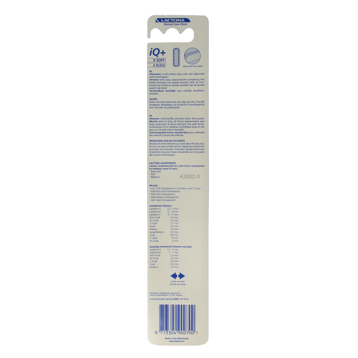 Lactona IQ+ x soft toothbrush with white handle and soft bristles, designed for gentle cleaning of teeth and gums.