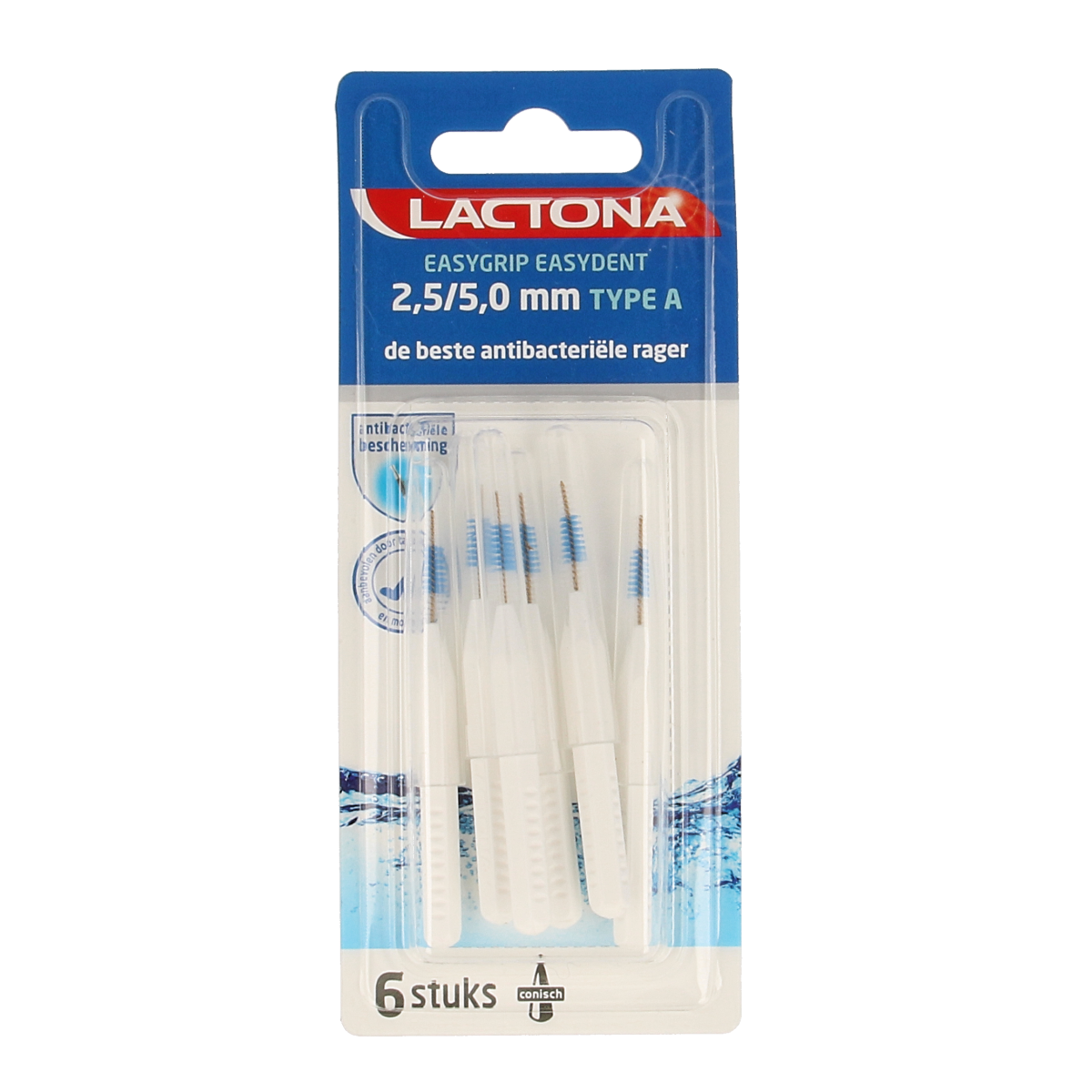 Lactona Easygrip Type A dental floss picks in 2.5-5mm size, shown with six packs, designed for effective oral cleaning.
