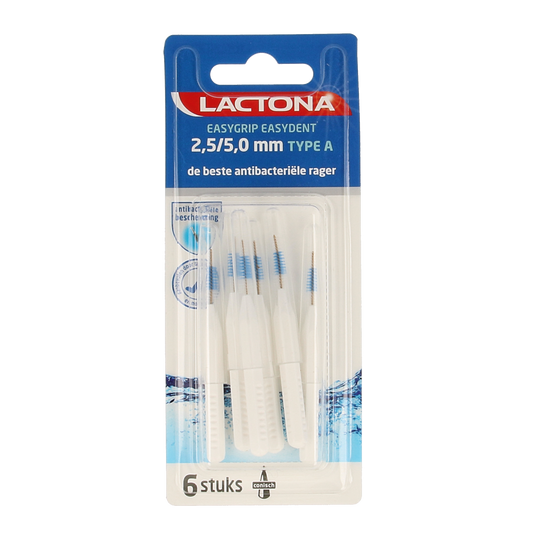 Lactona Easygrip Type A dental floss picks in 2.5-5mm size, shown with six packs, designed for effective oral cleaning.
