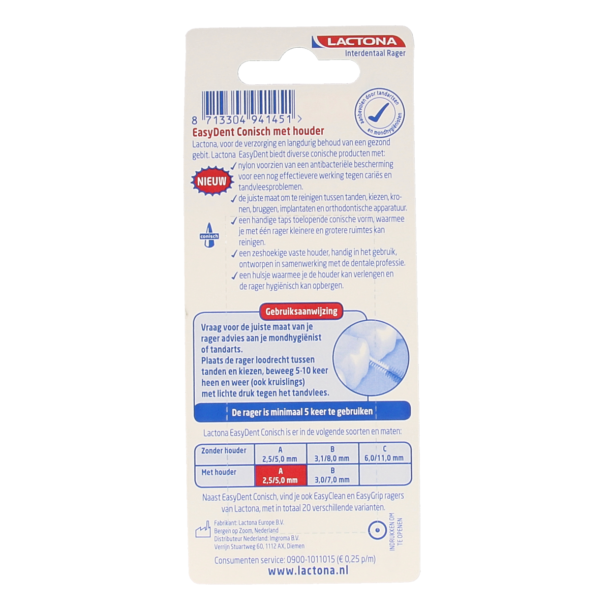 Lactona Easygrip Type A dental floss picks with 2.5-5mm tips, shown in a pack of six for effective oral hygiene.