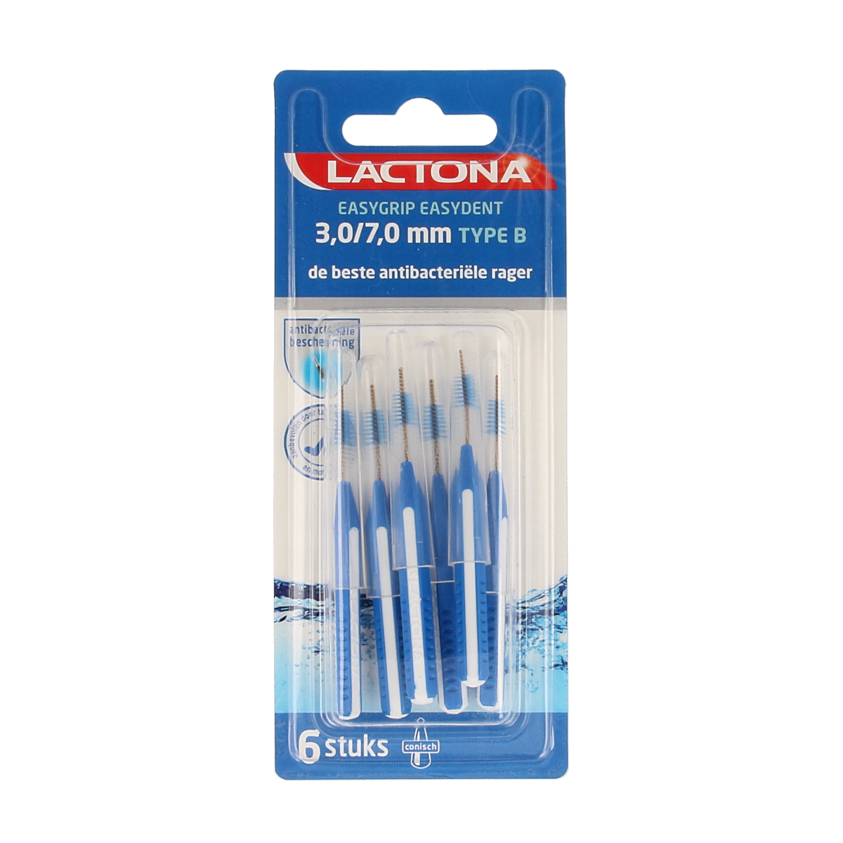 Lactona Easygrip Type B dental floss picks 3-7mm, 6-pack, with ergonomic handle for effective oral cleaning.