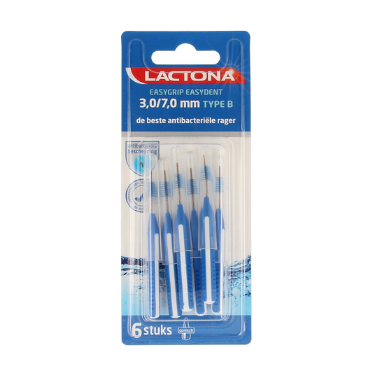 Lactona Easygrip Type B dental floss picks 3-7mm, 6-pack, with ergonomic handle for effective oral cleaning.