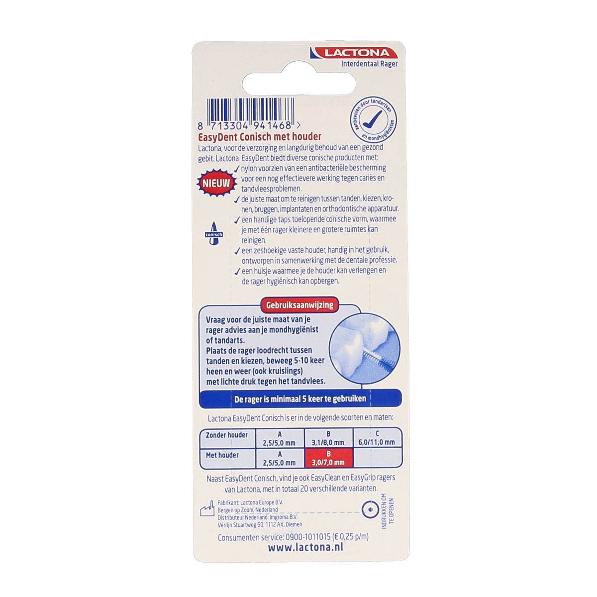 Lactona Easygrip type B dental floss picks with 3-7mm width, set of six, featuring ergonomic handles for oral hygiene.