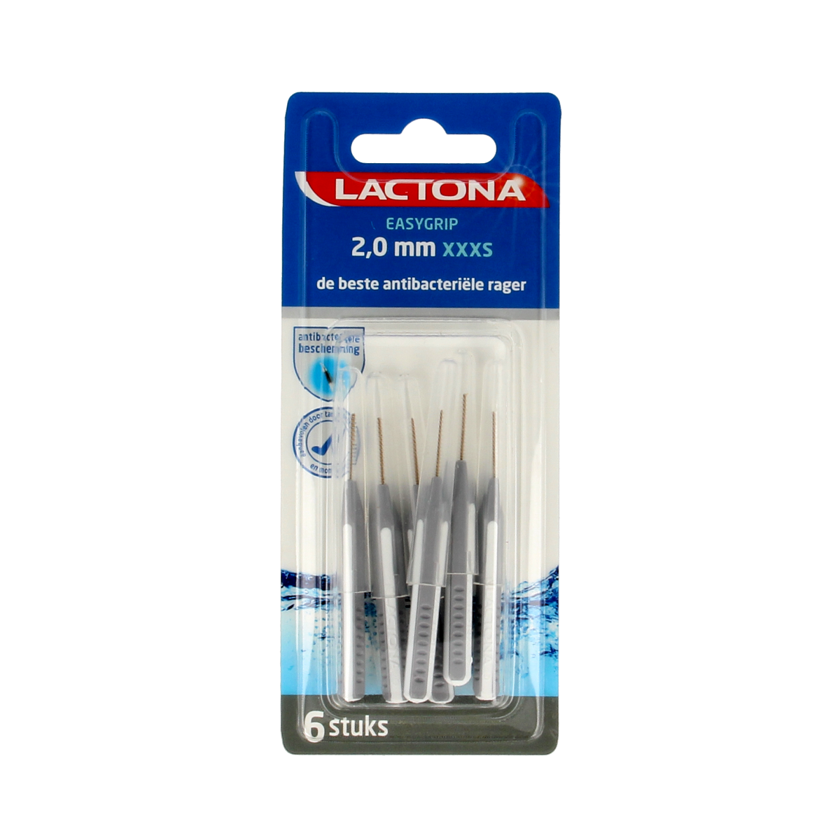 Lactona Easygrip XXXS 2.0mm dental floss picks, 6-pack, with ergonomic handle and floss for effective interdental cleaning.