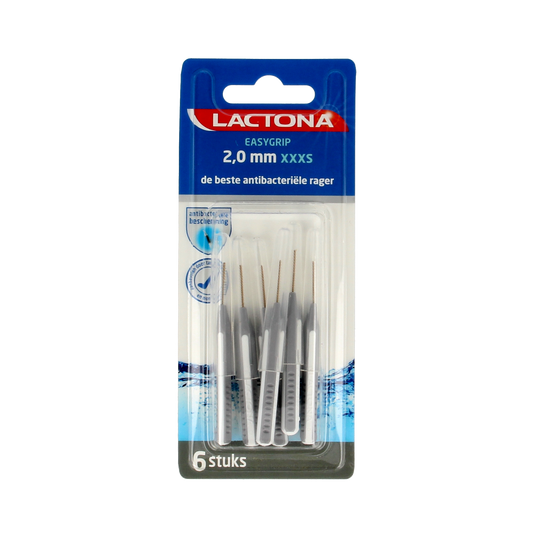 Lactona Easygrip XXXS 2.0mm dental floss picks, 6-pack, with ergonomic handle and floss for effective interdental cleaning.