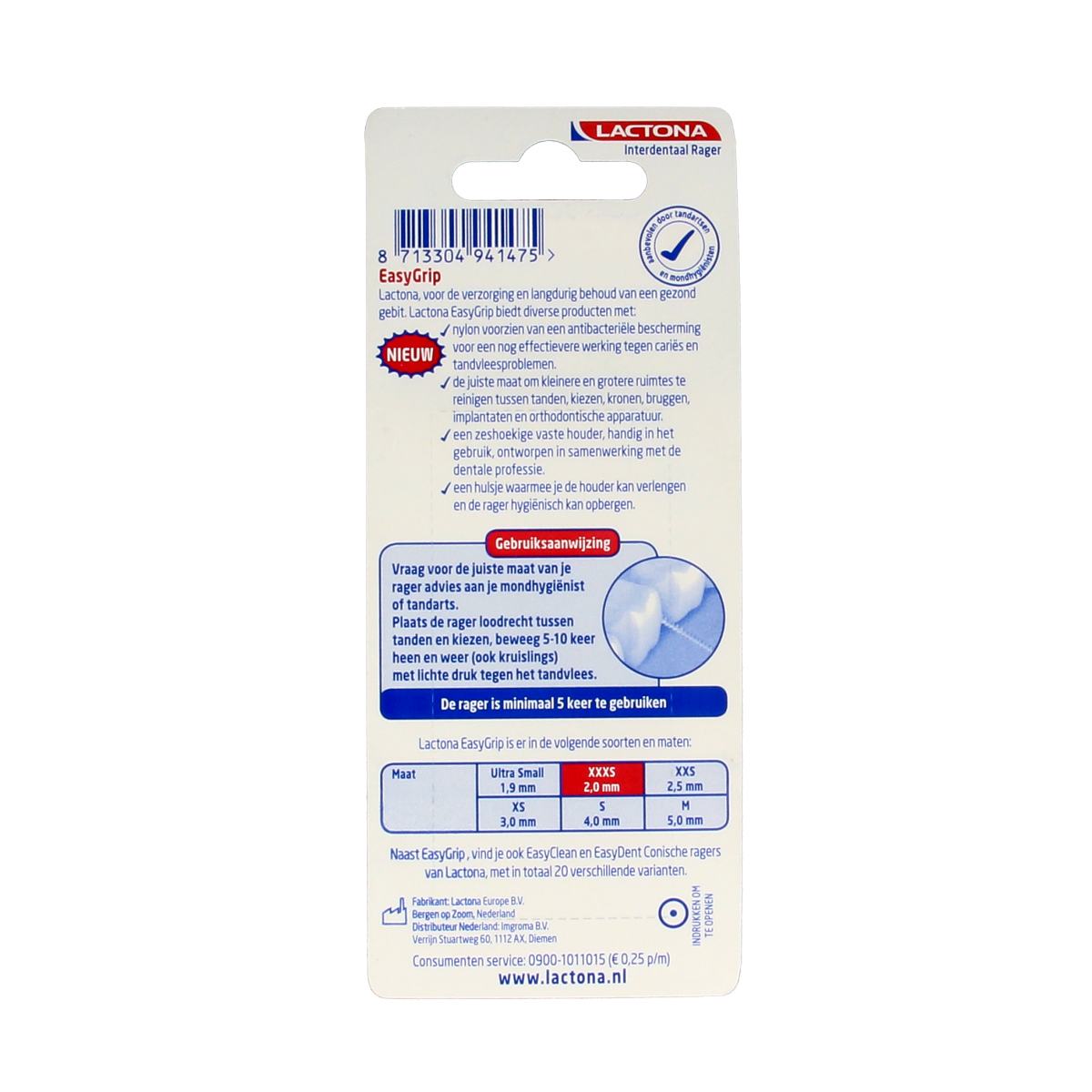 Lactona Easygrip XXXS 2.0mm dental floss picks, set of 6, with ergonomic grip and sturdy design for effective teeth cleaning.
