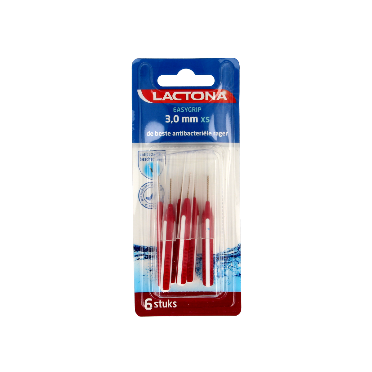 Lactona Easygrip XS 3mm dental floss picks and tooth cleaners, six-piece pack, with ergonomic handles and compact design.