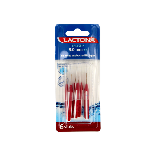 Lactona Easygrip XS 3mm dental floss picks and tooth cleaners, six-piece pack, with ergonomic handles and compact design.