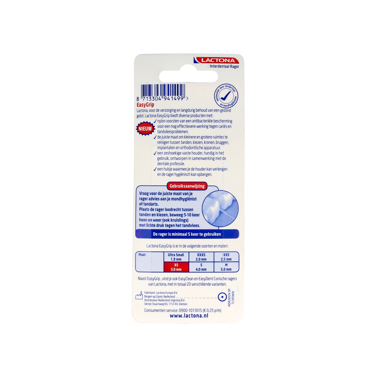 Lactona Easygrip XS 3mm dental floss picks and tooth cleaners, 6-pack, with ergonomic handles for oral hygiene.