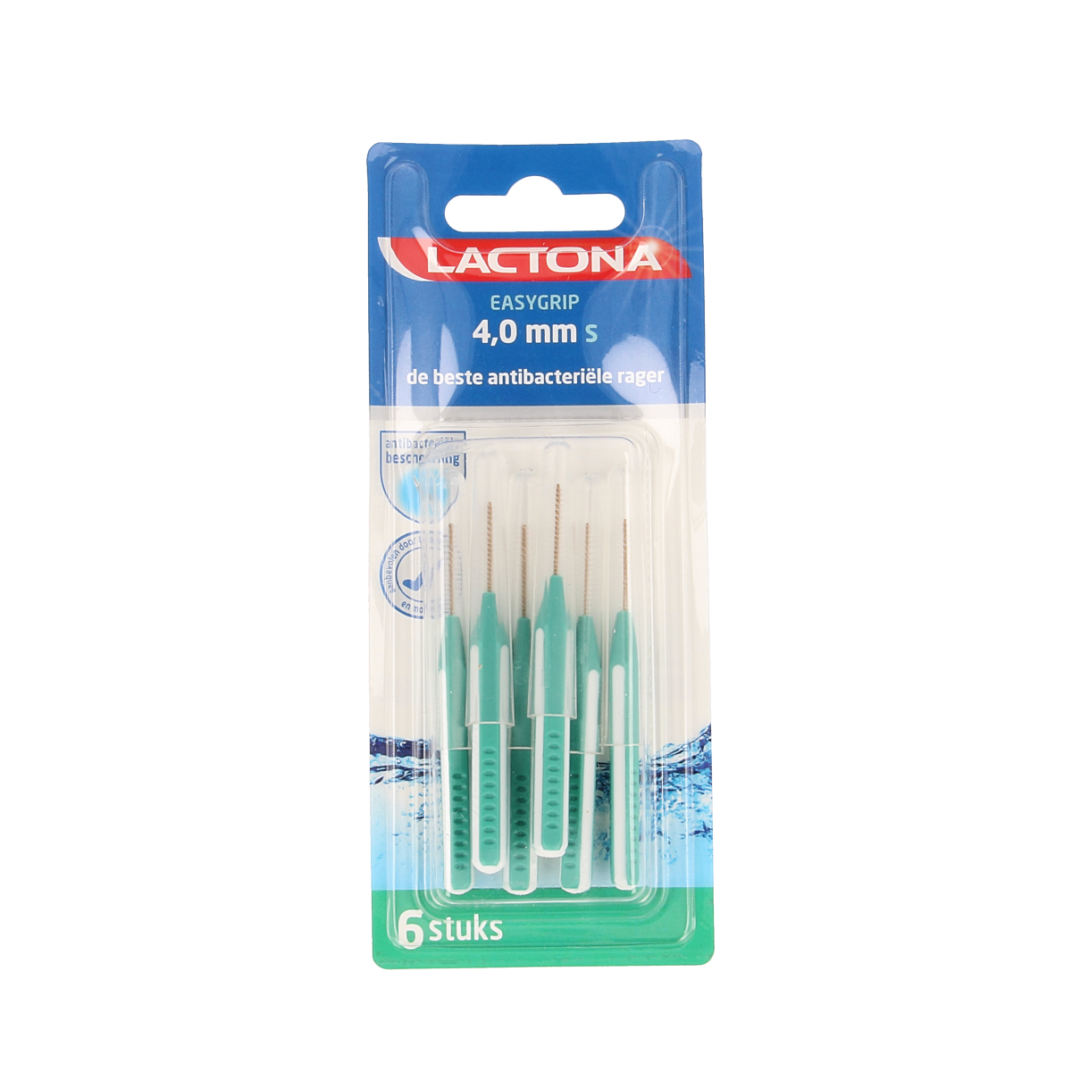 Lactona Easygrip S 4.0mm dental floss picks and interdental cleaners in a pack of six, designed for effective oral hygiene.