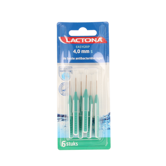 Lactona Easygrip S 4.0mm dental floss picks and interdental cleaners in a pack of six, designed for effective oral hygiene.