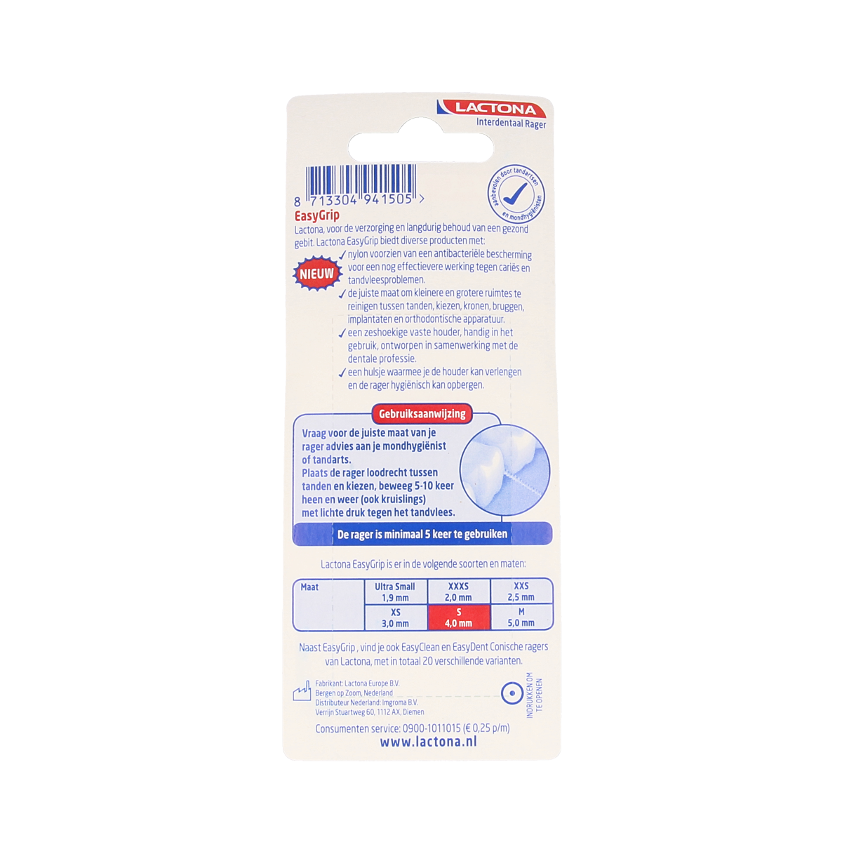 Lactona Easygrip S 4.0mm dental floss picks and interdental cleaners, 6-pack, with ergonomic handles for easy use.