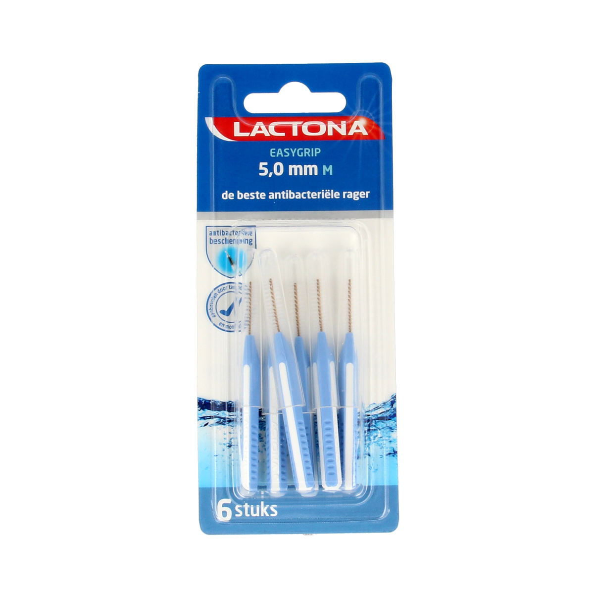 Lactona Easygrip M 5.0mm dental floss picks and interdental cleaners, 6-pack, with ergonomic handles and precision tips.