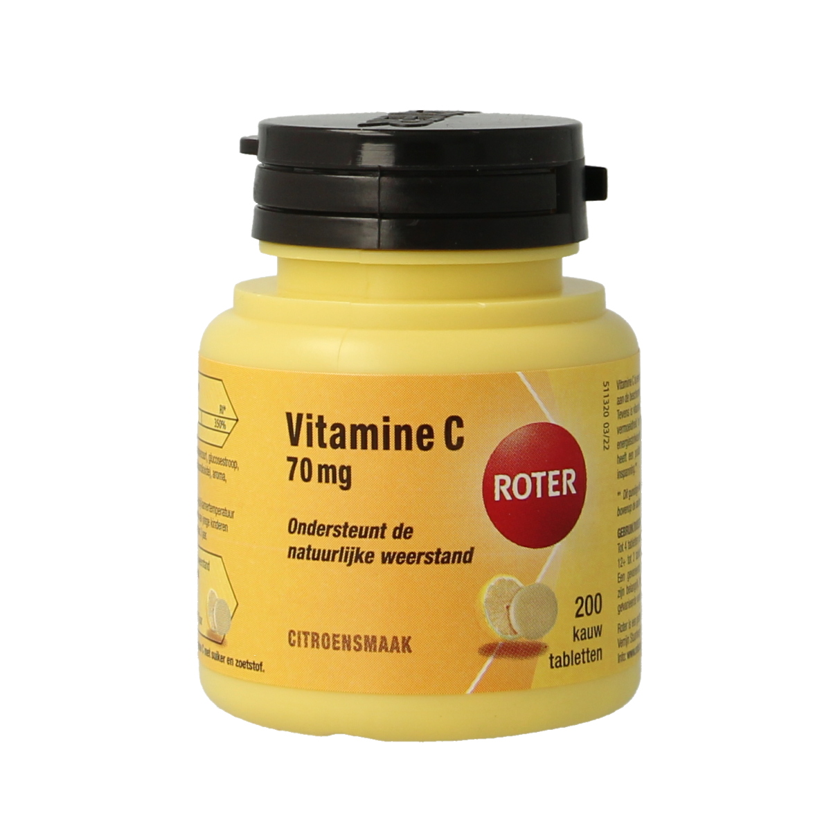 Roter Vitamine C 70mg chew tablet showing orange-colored, round chewable supplement with Roter branding on the packaging