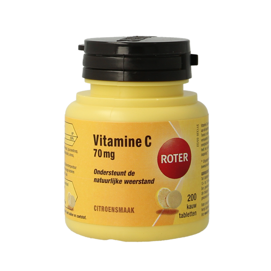 Roter Vitamine C 70mg chew tablet showing orange-colored, round chewable supplement with Roter branding on the packaging