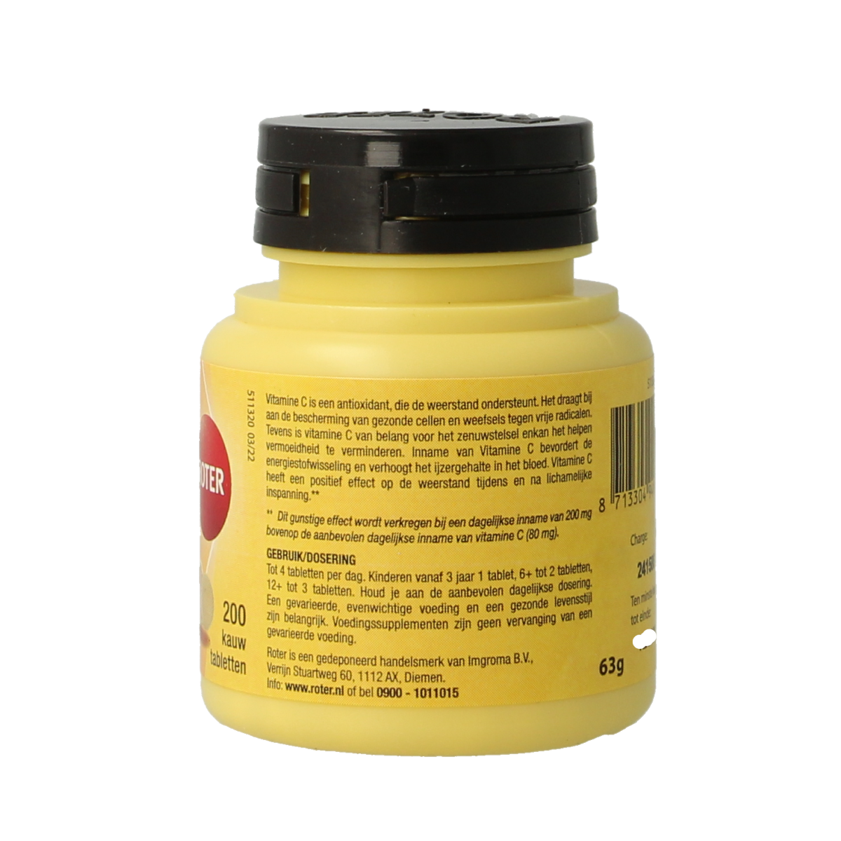 Roter Vitamine C 70mg chewable tablets, orange-flavored dietary supplement in a blister pack with 200 tablets.
