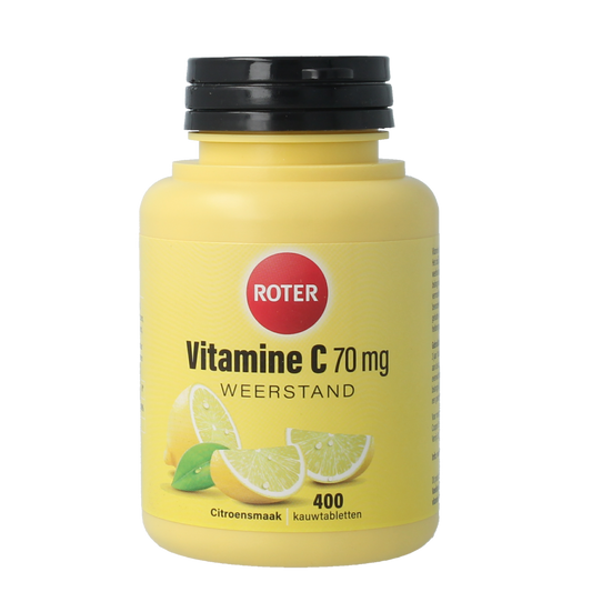 Roter Vitamine C 70 mg chewable tablets in a blister pack, showing the orange-colored tablets and packaging.