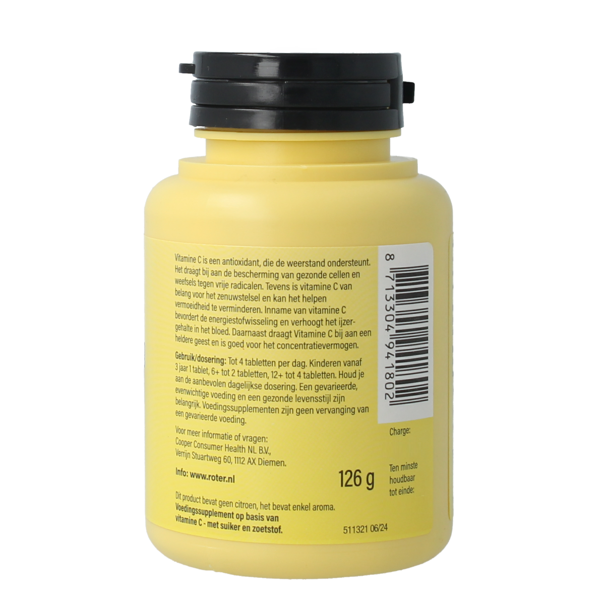 Roter Vitamine C 70 mg chewable tablets in a container, showing the colorful tablets and packaging.
