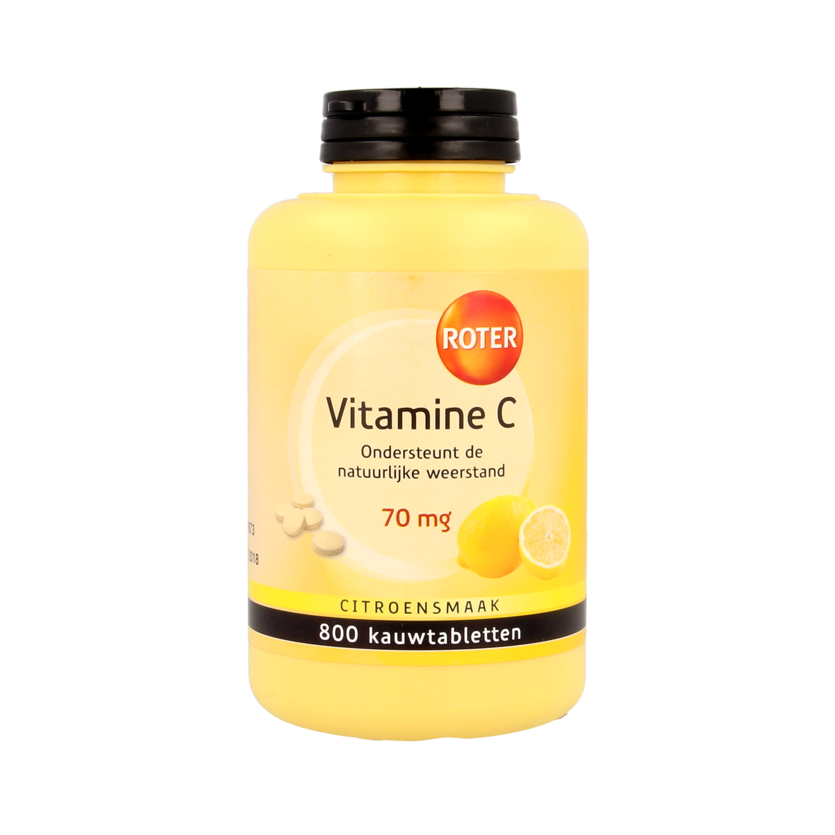 Roter Vitamine C 70 mg chewable tablet in orange flavor, showing the orange-colored tablet from the Roter brand.