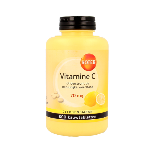 Roter Vitamine C 70 mg chewable tablet in orange flavor, showing the orange-colored tablet from the Roter brand.